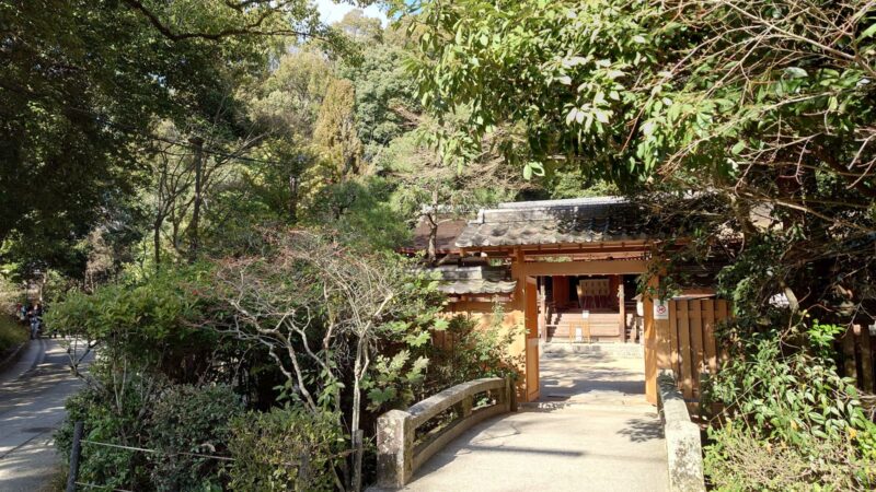 緑に囲まれた宇治上神社境内入口の小橋の風景
